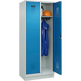 Kleiderspind C+P Evolo Plus, 2 Abteile, 400 mm Abteilbreite, mit Sockel, Anschlag rechts, B 800 x T 500 x H 1950 mm, Zylinder, lichtgrau/lichtblau