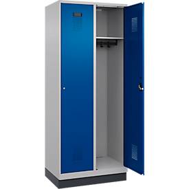 Kleiderspind C+P Evolo Plus, 2 Abteile, 400 mm Abteilbreite, mit Sockel, Anschlag rechts, B 800 x T 500 x H 1950 mm, Zylinder, weißaluminium/enzianblau