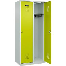 Kleiderspind C+P Evolo Plus, 2 Abteile, 400 mm breit, Zylinderschloss, Soft-Anschlag, B 800 x T 500 x H 1850 mm, lichtgrau/clowngrün