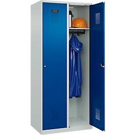 Kleiderspind C+P Evolo Plus, 2 Abteile, 400 mm breit, Zylinderschloss, Soft-Anschlag, B 800 x T 500 x H 1850 mm, lichtgrau/enzianblau