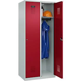 Kleiderspind C+P Evolo Plus, 2 Abteile, 400 mm breit, Zylinderschloss, Soft-Anschlag, B 800 x T 500 x H 1850 mm, lichtgrau/rubinrot