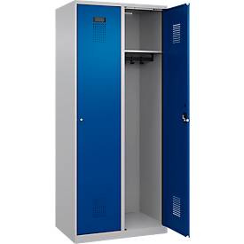 Kleiderspind C+P Evolo Plus, 2 Abteile, 400 mm breit, Zylinderschloss, Soft-Anschlag, B 800 x T 500 x H 1850 mm, weißaluminium/enzianblau