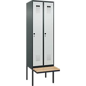Kleiderspind C+P Evolo Plus, 2 Abteile à 300 mm Breite, schwebende Sitzbank, B 600 x T 815 x H 2120 mm, Drehriegel, anthrazitgrau/lichtgrau
