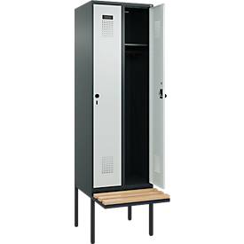Kleiderspind C+P Evolo Plus, 2 Abteile à 300 mm Breite, schwebende Sitzbank, B 600 x T 815 x H 2120 mm, Drehriegel, anthrazitgrau/lichtgrau