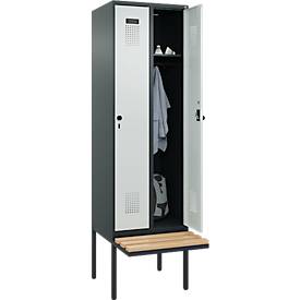 Kleiderspind C+P Evolo Plus, 2 Abteile à 300 mm Breite, schwebende Sitzbank, B 600 x T 815 x H 2120 mm, Drehriegel, anthrazitgrau/lichtgrau
