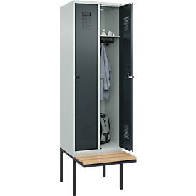 Kleiderspind C+P Evolo Plus, 2 Abteile à 300 mm Breite, schwebende Sitzbank, B 600 x T 815 x H 2120 mm, Drehriegel, lichtgrau/anthrazitgrau