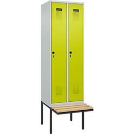 Kleiderspind C+P Evolo Plus, 2 Abteile à 300 mm Breite, schwebende Sitzbank, B 600 x T 815 x H 2120 mm, Drehriegel, lichtgrau/clowngrün