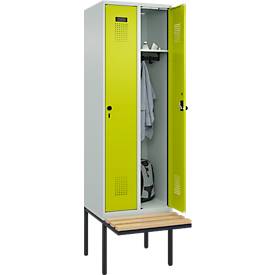 Kleiderspind C+P Evolo Plus, 2 Abteile à 300 mm Breite, schwebende Sitzbank, B 600 x T 815 x H 2120 mm, Drehriegel, lichtgrau/clowngrün