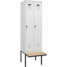 Kleiderspind C+P Evolo Plus, 2 Abteile à 300 mm Breite, schwebende Sitzbank, B 600 x T 815 x H 2120 mm, Drehriegel, lichtgrau/lichtgrau