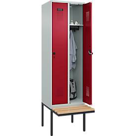Kleiderspind C+P Evolo Plus, 2 Abteile à 300 mm Breite, schwebende Sitzbank, B 600 x T 815 x H 2120 mm, Drehriegel, lichtgrau/rubinrot