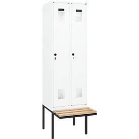 Kleiderspind C+P Evolo Plus, 2 Abteile à 300 mm Breite, schwebende Sitzbank, B 600 x T 815 x H 2120 mm, Drehriegel, verkehrsweiß/verkehrsweiß
