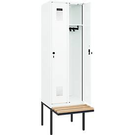 Kleiderspind C+P Evolo Plus, 2 Abteile à 300 mm Breite, schwebende Sitzbank, B 600 x T 815 x H 2120 mm, Drehriegel, verkehrsweiß/verkehrsweiß