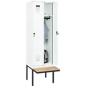 Kleiderspind C+P Evolo Plus, 2 Abteile à 300 mm Breite, schwebende Sitzbank, B 600 x T 815 x H 2120 mm, Drehriegel, verkehrsweiß/verkehrsweiß