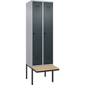 Kleiderspind C+P Evolo Plus, 2 Abteile à 300 mm Breite, schwebende Sitzbank, B 600 x T 815 x H 2120 mm, Drehriegel, weißaluminium/anthrazitgrau