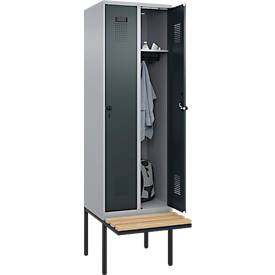 Kleiderspind C+P Evolo Plus, 2 Abteile à 300 mm Breite, schwebende Sitzbank, B 600 x T 815 x H 2120 mm, Drehriegel, weißaluminium/anthrazitgrau