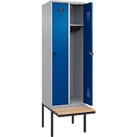 Kleiderspind C+P Evolo Plus, 2 Abteile à 300 mm Breite, schwebende Sitzbank, B 600 x T 815 x H 2120 mm, Drehriegel, weißaluminium/enzianblau