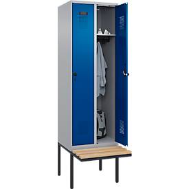 Kleiderspind C+P Evolo Plus, 2 Abteile à 300 mm Breite, schwebende Sitzbank, B 600 x T 815 x H 2120 mm, Drehriegel, weißaluminium/enzianblau