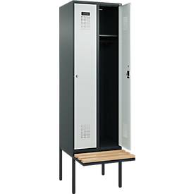 Kleiderspind C+P Evolo Plus, 2 Abteile à 300 mm Breite, schwebende Sitzbank, B 600 x T 815 x H 2120 mm, Zylinder, anthrazitgrau/lichtgrau