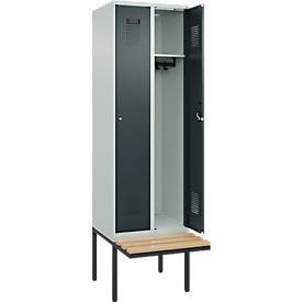 Kleiderspind C+P Evolo Plus, 2 Abteile à 300 mm Breite, schwebende Sitzbank, B 600 x T 815 x H 2120 mm, Zylinder, lichtgrau/anthratizgrau
