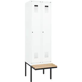 Kleiderspind C+P Evolo Plus, 2 Abteile à 300 mm Breite, schwebende Sitzbank, B 600 x T 815 x H 2120 mm, Zylinder, verkehrsweiß/verkehrsweiß