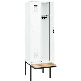 Kleiderspind C+P Evolo Plus, 2 Abteile à 300 mm Breite, schwebende Sitzbank, B 600 x T 815 x H 2120 mm, Zylinder, verkehrsweiß/verkehrsweiß