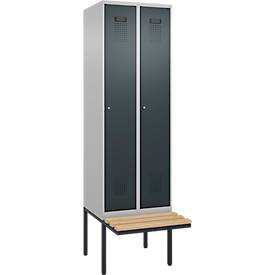 Kleiderspind C+P Evolo Plus, 2 Abteile à 300 mm Breite, schwebende Sitzbank, B 600 x T 815 x H 2120 mm, Zylinder, weißaluminium/anthrazitgrau