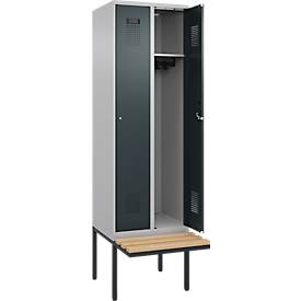 Kleiderspind C+P Evolo Plus, 2 Abteile à 300 mm Breite, schwebende Sitzbank, B 600 x T 815 x H 2120 mm, Zylinder, weißaluminium/anthrazitgrau