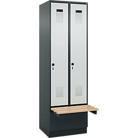 Kleiderspind C+P Evolo Plus, 2 Abteile à 300 mm Breite, Sockel, schwebende Sitzbank, B 600 x T 815 x H 1950 mm, Drehriegel, anthrazitgrau/lichtgrau