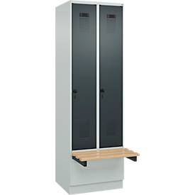 Kleiderspind C+P Evolo Plus, 2 Abteile à 300 mm Breite, Sockel, schwebende Sitzbank, B 600 x T 815 x H 1950 mm, Drehriegel, lichtgrau/anthrazitgrau