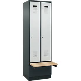 Kleiderspind C+P Evolo Plus, 2 Abteile à 300 mm Breite, Sockel, schwebende Sitzbank, B 600 x T 815 x H 1950 mm, Zylinder, anthrazitgrau/lichtgrau