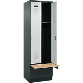 Kleiderspind C+P Evolo Plus, 2 Abteile à 300 mm Breite, Sockel, schwebende Sitzbank, B 600 x T 815 x H 1950 mm, Zylinder, anthrazitgrau/lichtgrau