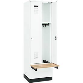 Kleiderspind C+P Evolo Plus, 2 Abteile à 300 mm Breite, Sockel, schwebende Sitzbank, B 600 x T 815 x H 1950 mm, Zylinder, verkehrsweiß/verkehrsweiß