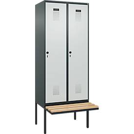 Kleiderspind C+P Evolo Plus, 2 Abteile à 400 mm Breite, schwebende Sitzbank, B 800 x T 815 x H 2120 mm, Drehriegel, anthrazitgrau/lichtgrau