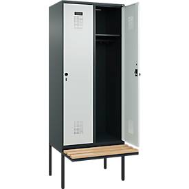 Kleiderspind C+P Evolo Plus, 2 Abteile à 400 mm Breite, schwebende Sitzbank, B 800 x T 815 x H 2120 mm, Drehriegel, anthrazitgrau/lichtgrau
