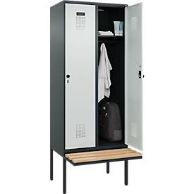 Kleiderspind C+P Evolo Plus, 2 Abteile à 400 mm Breite, schwebende Sitzbank, B 800 x T 815 x H 2120 mm, Drehriegel, anthrazitgrau/lichtgrau