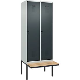 Kleiderspind C+P Evolo Plus, 2 Abteile à 400 mm Breite, schwebende Sitzbank, B 800 x T 815 x H 2120 mm, Drehriegel, lichtgrau/anthrazitgrau