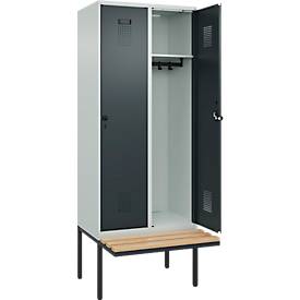 Kleiderspind C+P Evolo Plus, 2 Abteile à 400 mm Breite, schwebende Sitzbank, B 800 x T 815 x H 2120 mm, Drehriegel, lichtgrau/anthrazitgrau