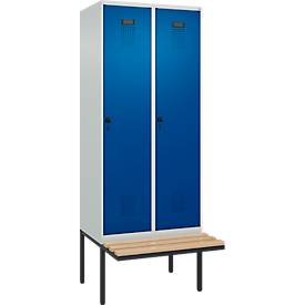 Kleiderspind C+P Evolo Plus, 2 Abteile à 400 mm Breite, schwebende Sitzbank, B 800 x T 815 x H 2120 mm, Drehriegel, lichtgrau/enzianblau