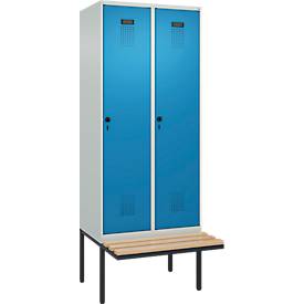 Kleiderspind C+P Evolo Plus, 2 Abteile à 400 mm Breite, schwebende Sitzbank, B 800 x T 815 x H 2120 mm, Drehriegel, lichtgrau/lichtblau