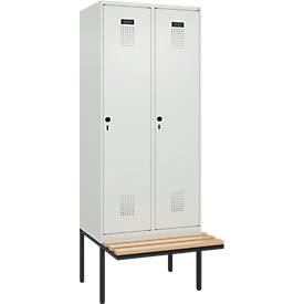 Kleiderspind C+P Evolo Plus, 2 Abteile à 400 mm Breite, schwebende Sitzbank, B 800 x T 815 x H 2120 mm, Drehriegel, lichtgrau/lichtgrau