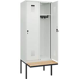 Kleiderspind C+P Evolo Plus, 2 Abteile à 400 mm Breite, schwebende Sitzbank, B 800 x T 815 x H 2120 mm, Drehriegel, lichtgrau/lichtgrau