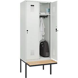 Kleiderspind C+P Evolo Plus, 2 Abteile à 400 mm Breite, schwebende Sitzbank, B 800 x T 815 x H 2120 mm, Drehriegel, lichtgrau/lichtgrau