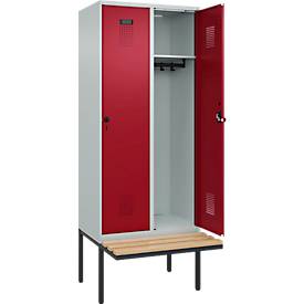 Kleiderspind C+P Evolo Plus, 2 Abteile à 400 mm Breite, schwebende Sitzbank, B 800 x T 815 x H 2120 mm, Drehriegel, lichtgrau/rubinrot
