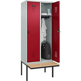 Kleiderspind C+P Evolo Plus, 2 Abteile à 400 mm Breite, schwebende Sitzbank, B 800 x T 815 x H 2120 mm, Drehriegel, lichtgrau/rubinrot