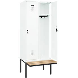 Kleiderspind C+P Evolo Plus, 2 Abteile à 400 mm Breite, schwebende Sitzbank, B 800 x T 815 x H 2120 mm, Drehriegel, verkehrsweiß/verkehrsweiß