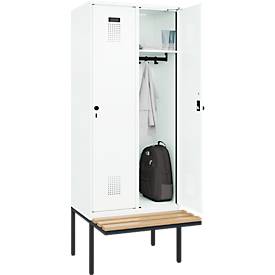 Kleiderspind C+P Evolo Plus, 2 Abteile à 400 mm Breite, schwebende Sitzbank, B 800 x T 815 x H 2120 mm, Drehriegel, verkehrsweiß/verkehrsweiß