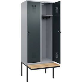 Kleiderspind C+P Evolo Plus, 2 Abteile à 400 mm Breite, schwebende Sitzbank, B 800 x T 815 x H 2120 mm, Drehriegel, weißaluminium/anthrazitgrau