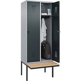 Kleiderspind C+P Evolo Plus, 2 Abteile à 400 mm Breite, schwebende Sitzbank, B 800 x T 815 x H 2120 mm, Drehriegel, weißaluminium/anthrazitgrau
