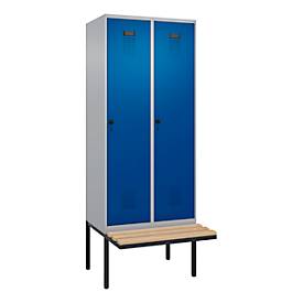 Kleiderspind C+P Evolo Plus, 2 Abteile à 400 mm Breite, schwebende Sitzbank, B 800 x T 815 x H 2120 mm, Drehriegel, weißaluminium/enzianblau
