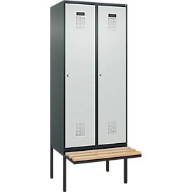 Kleiderspind C+P Evolo Plus, 2 Abteile à 400 mm Breite, schwebende Sitzbank, B 800 x T 815 x H 2120 mm, Zylinder, anthrazitgrau/lichtgrau